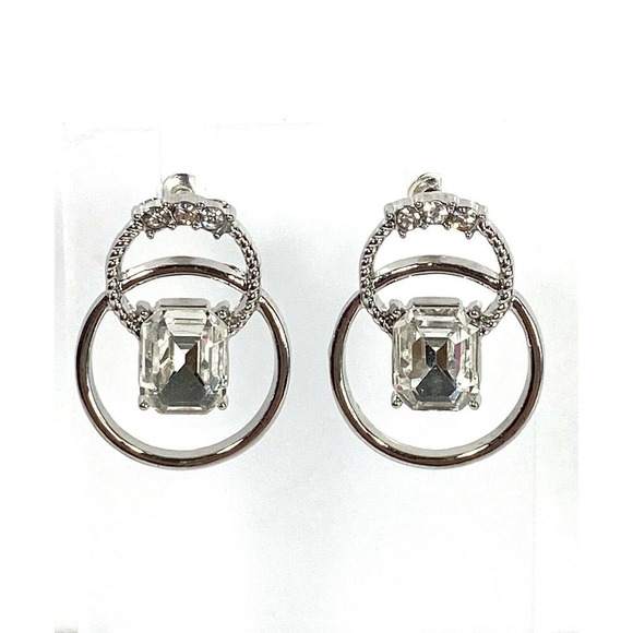 Earrings Silver Tone Rhinestones Circle Unique Bing Elegant 1” - Picture 1 of 4